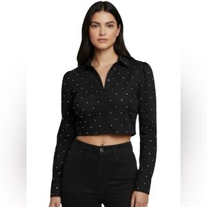 Spoon Sparkle Black & White Polka Dot Crop Button Down Shirt Size: Medium